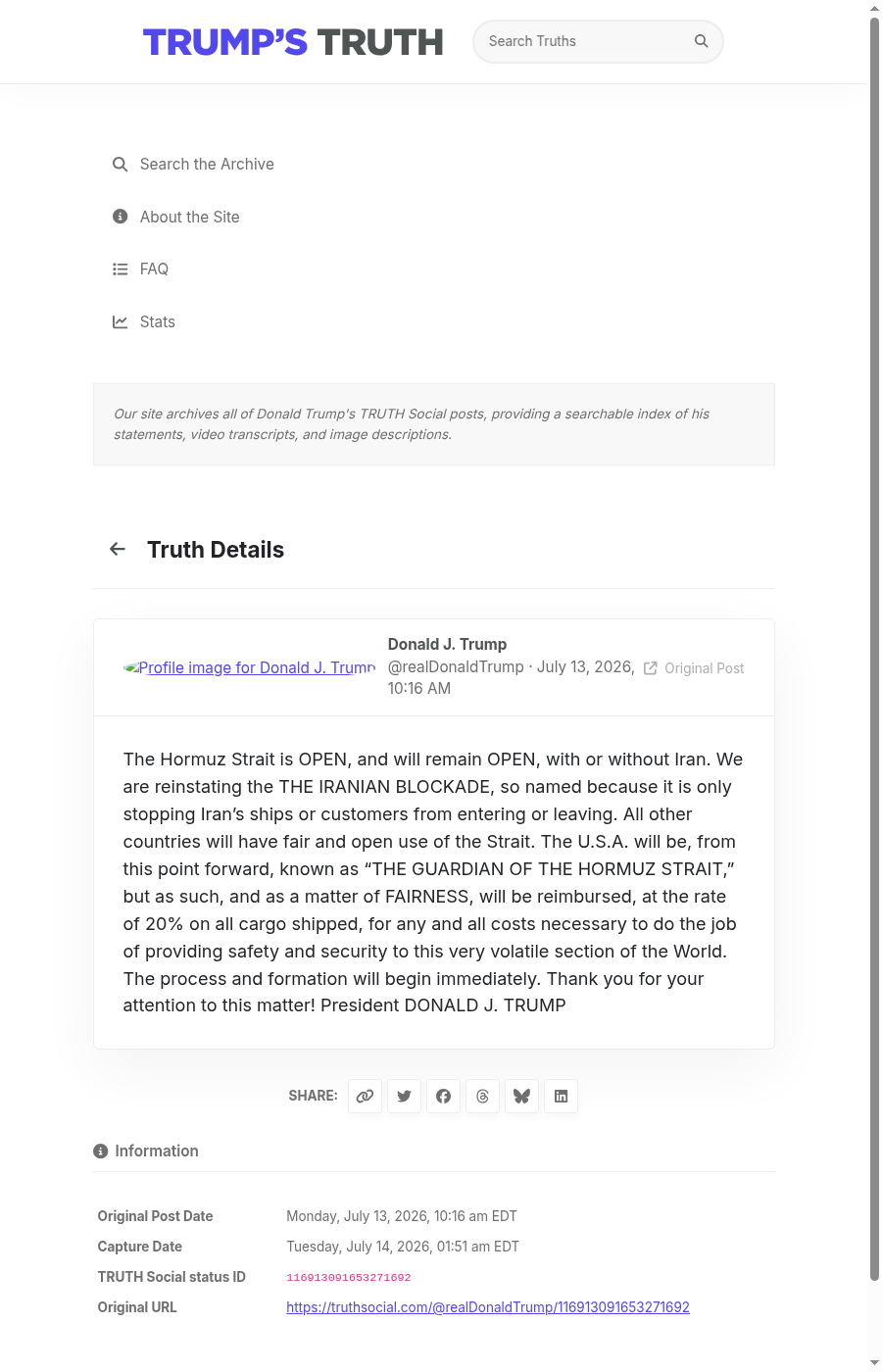 Screenshot of a Truth Social post by Donald J. Trump. The relevant excerpt is transcribed beside the image.